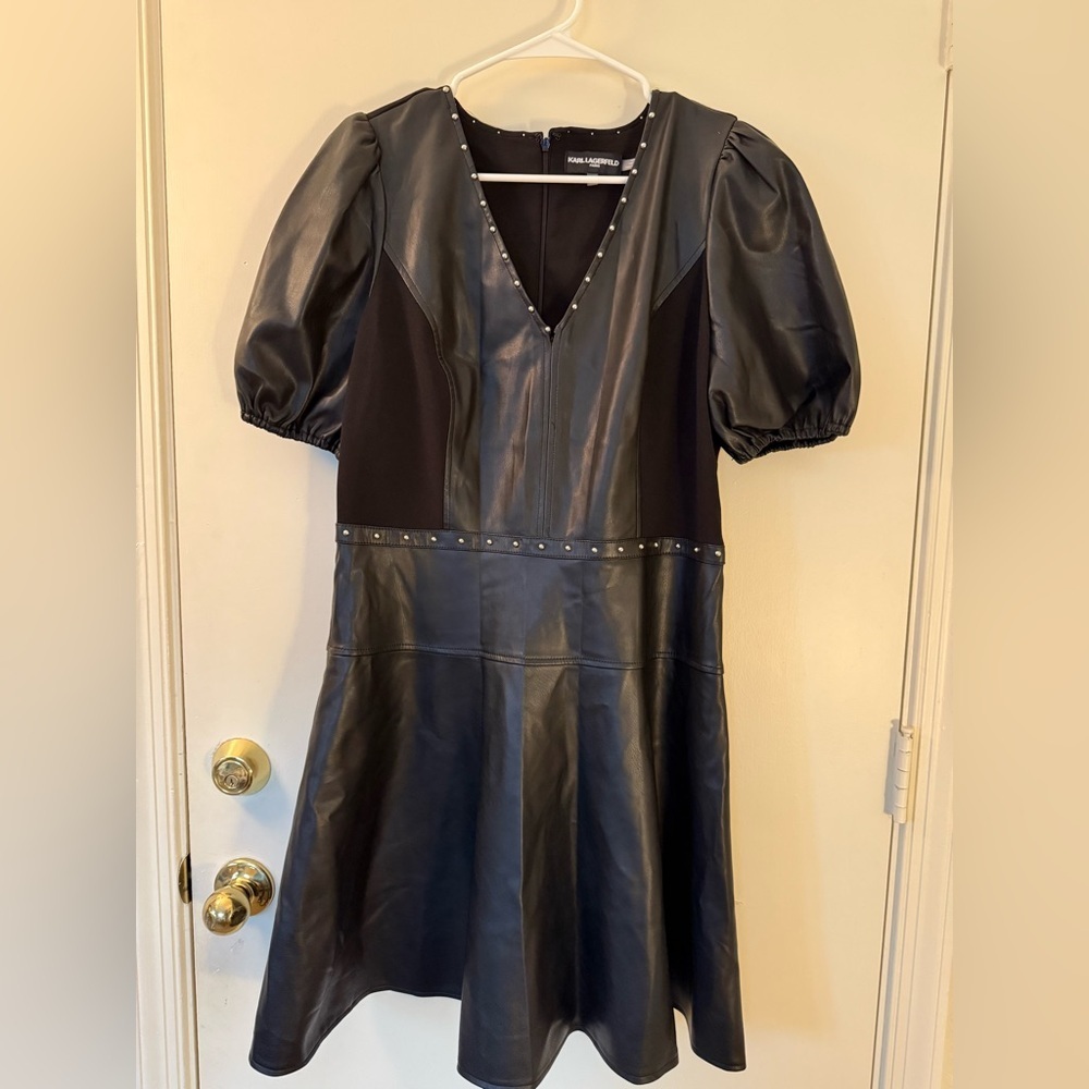 Karl Lagerfeld Black Faux Leather Midi Dress with Puff Sleeves - Picture 5 of 16